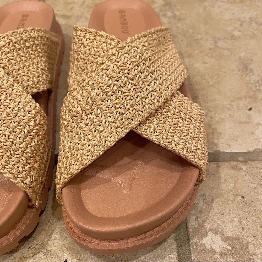 Awaken Natural Flyknit Criss Cross Slide Sandals. - Picture 10 of 16